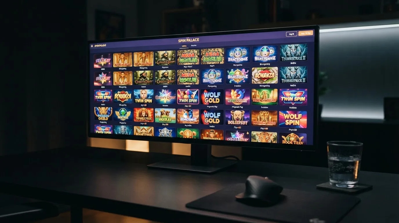 Ekran monitora z siatką miniatur gier na automatach w lobby kasyna internetowego