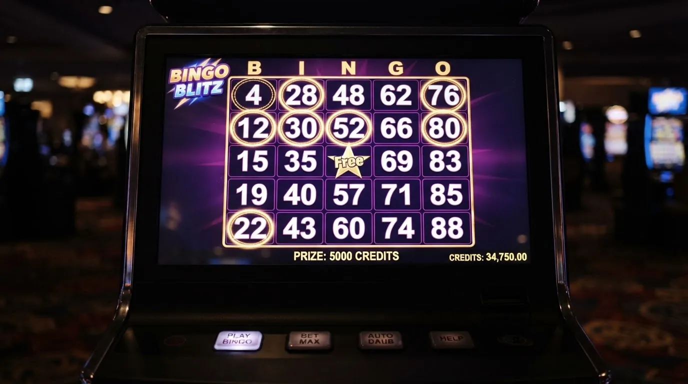 Ekran automatu do gry z kolorową planszą w stylu bingo i podświetlonymi liczbami