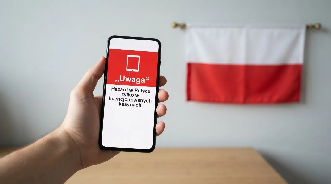 Dłoń trzymająca telefon z widocznym komunikatem ostrzegawczym o legalności hazardu online na tle biało-czerwonej flagi Polski.