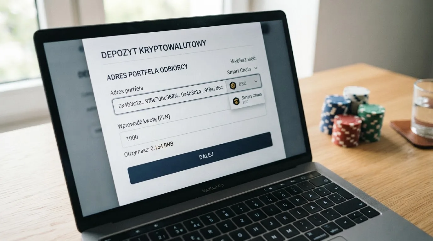 Zbliżenie na formularz wpłaty w kasynie online z polem na adres portfela kryptowalutowego BNB Smart Chain.