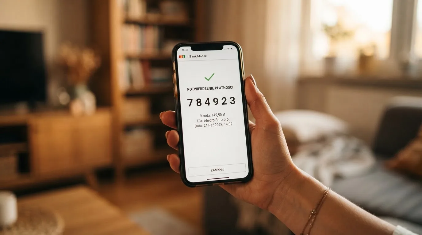 Dłoń trzymająca smartfon z ekranem autoryzacji płatności kodem w aplikacji bankowej