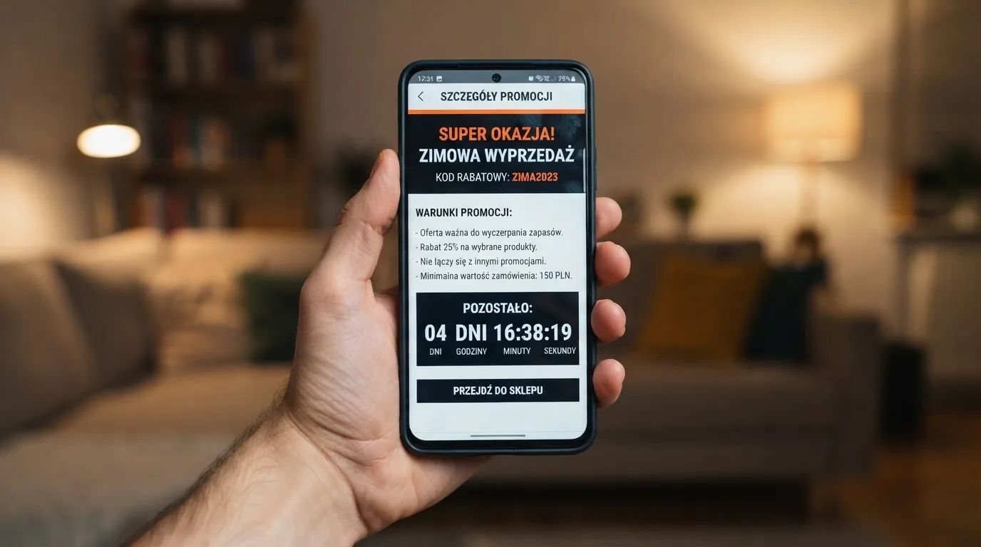 Zbliżenie na telefon z listą warunków promocji i licznikiem odliczającym dni do końca oferty
