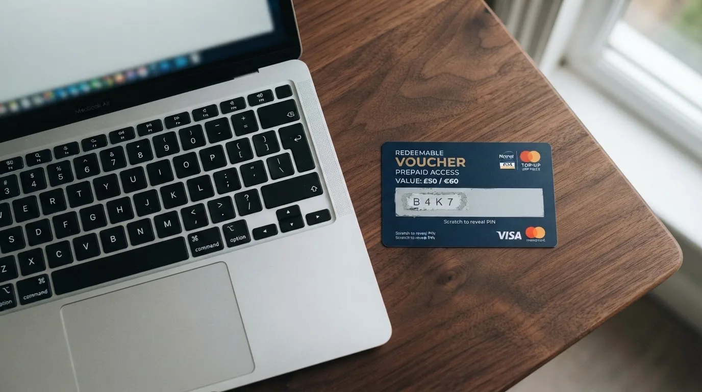 Karta przedpłacona Paysafecard z zasłoniętym polem kodu PIN obok klawiatury laptopa