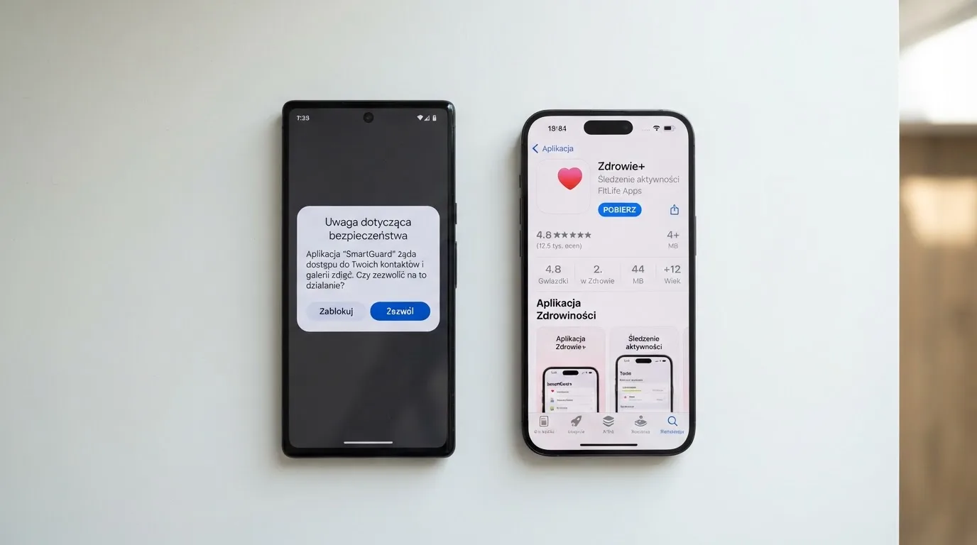 Dwa telefony obok siebie: na jednym komunikat zgody na instalację pliku APK z nieznanego źródła, na drugim strona aplikacji w sklepie z przyciskiem pobierania