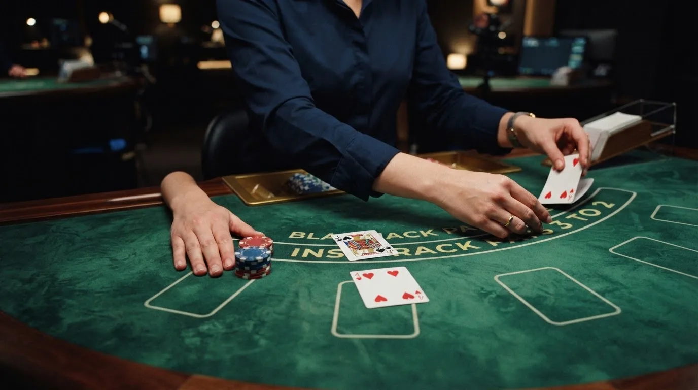 Krupier rozdający karty przy stole blackjacka podczas transmisji na żywo
