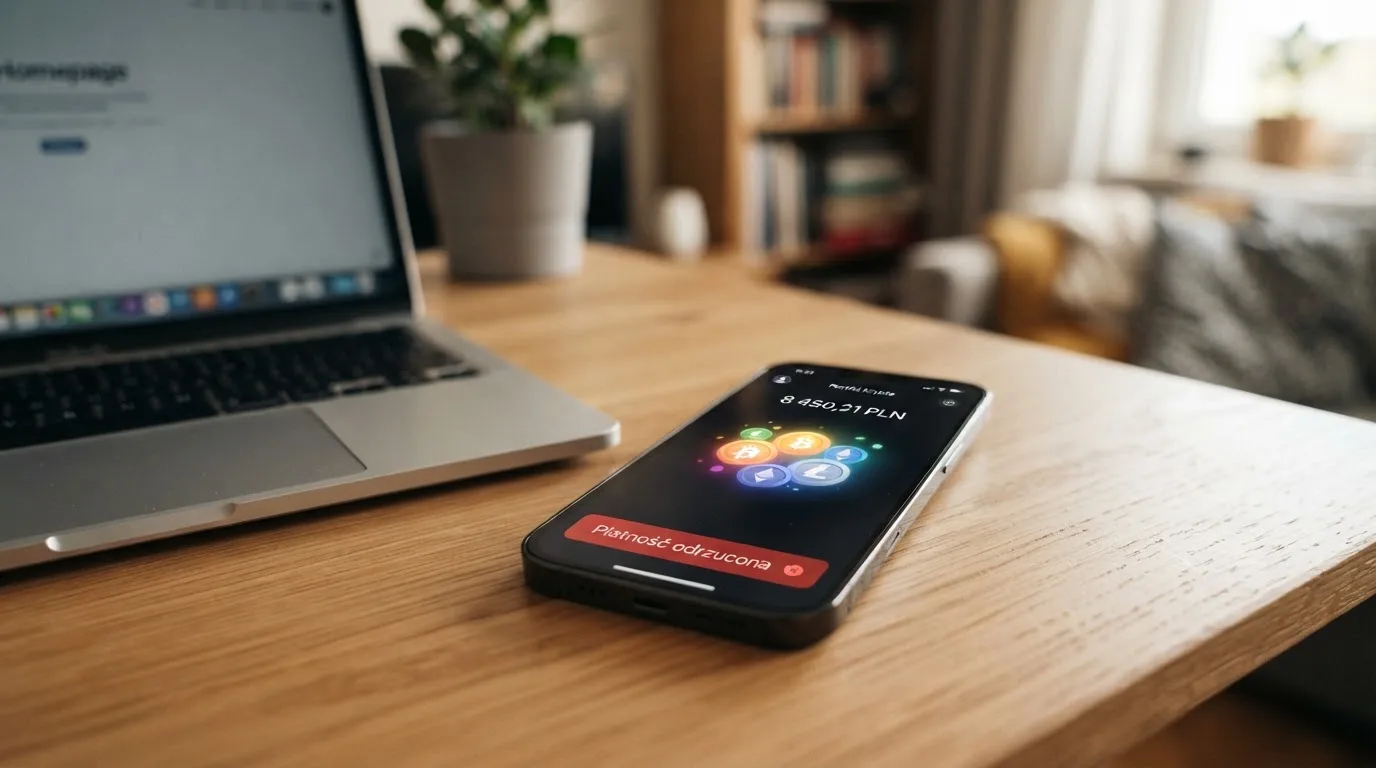 Smartfon z otwartym portfelem kryptowalut i komunikatem o odrzuconej płatności leżący obok laptopa