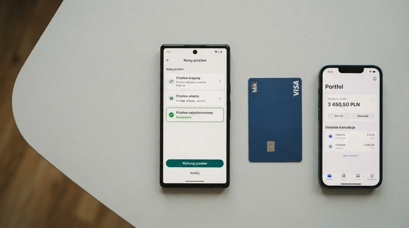 Ekran aplikacji bankowej z wyborem rodzaju przelewu, obok karta płatnicza i telefon z otwartym e-portfelem bez logotypów
