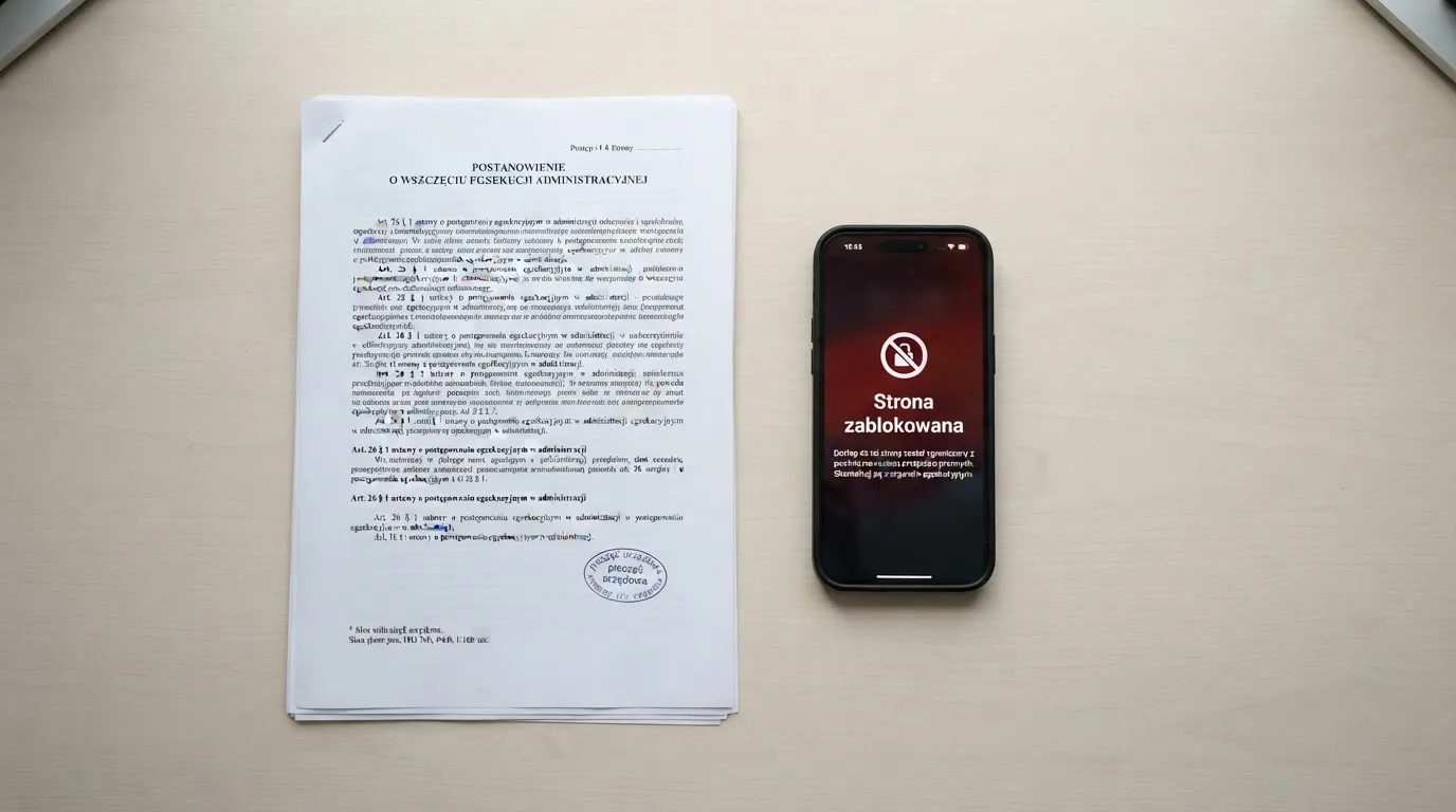 Biurko z wydrukiem ustawy o grach hazardowych i telefonem wyświetlającym komunikat o zablokowanej stronie kasyna