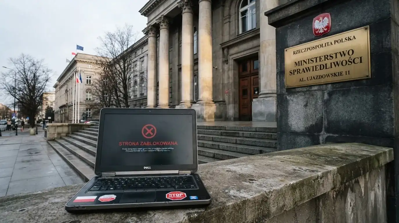Budynek urzędu z tablicą ministerstwa, na pierwszym planie laptop z komunikatem o zablokowanej stronie kasyna