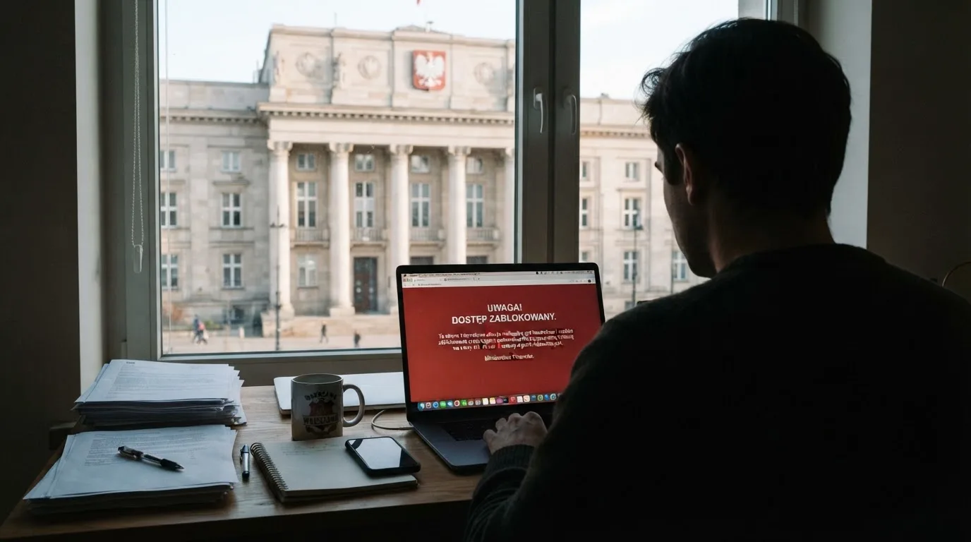 Laptop z komunikatem o zablokowanej stronie hazardowej, w tle budynek urzędu z tablicą ministerstwa