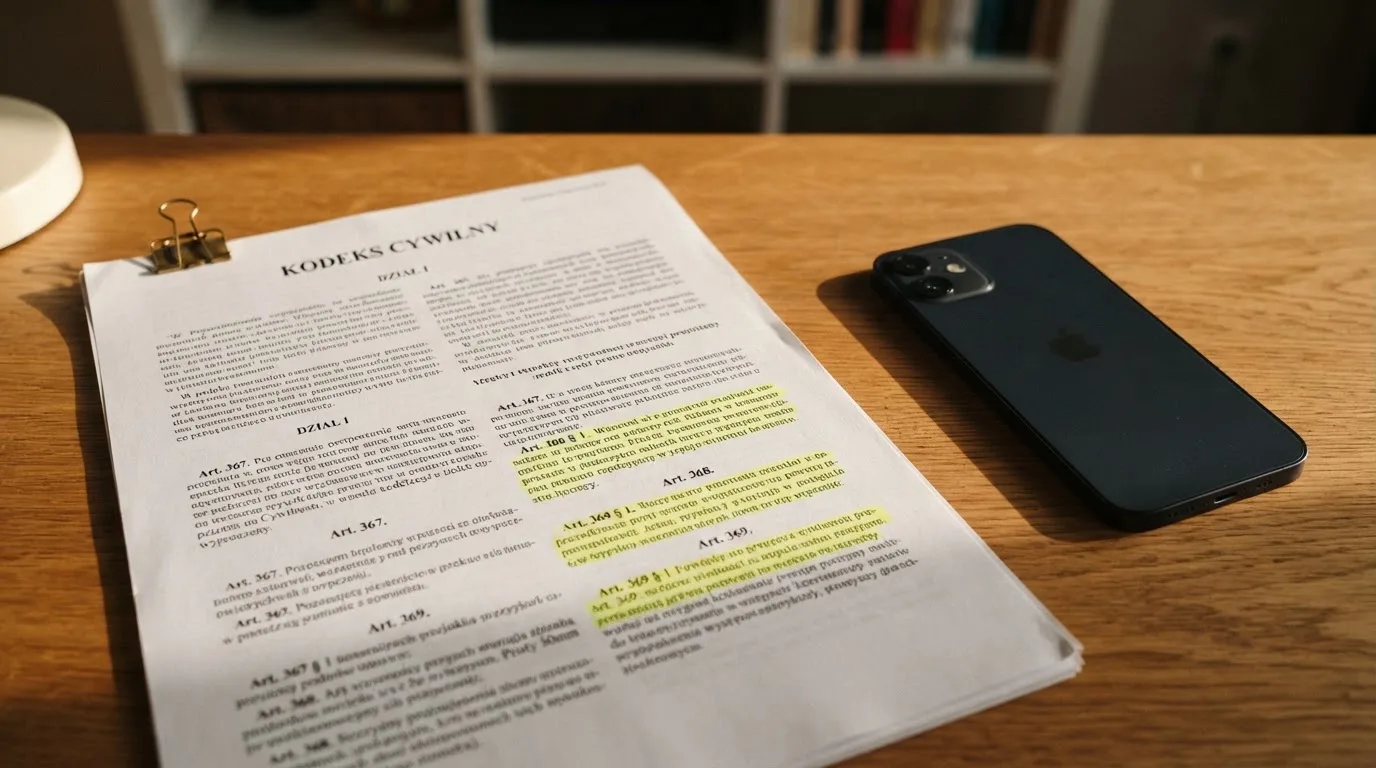 Wydruk ustawy o grach hazardowych z zakreślonymi artykułami leżący na biurku obok wyłączonego smartfona