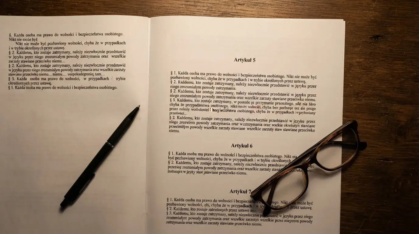 Wydrukowany tekst ustawy o grach hazardowych otwarty na artykule 5, obok okularów i długopisu na biurku
