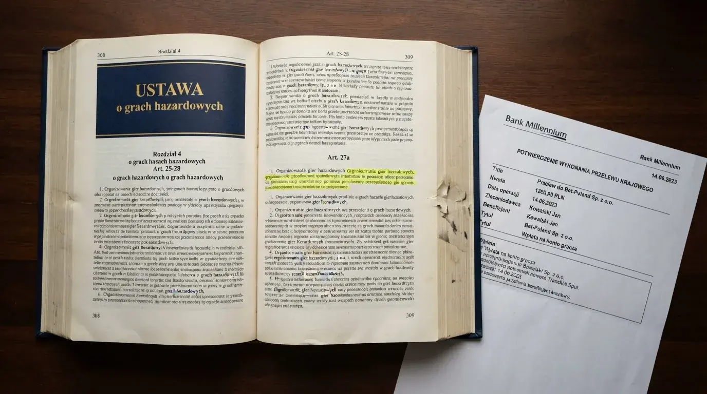 Otwarty tekst ustawy o grach hazardowych z zakreślonym artykułem, obok wydruku potwierdzenia przelewu wygranej