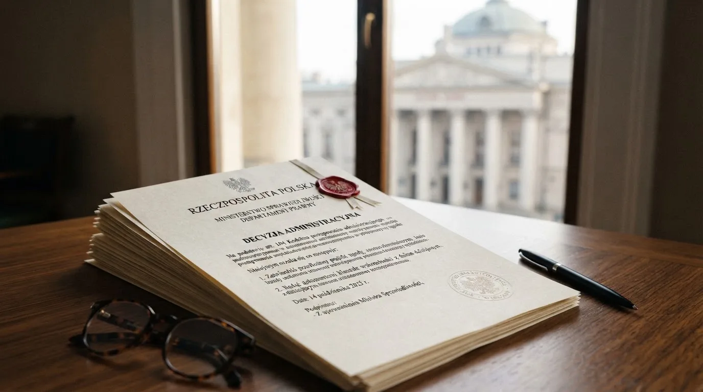 Stos dokumentów urzędowych i pieczęć na biurku, w tle sylwetka budynku administracji publicznej