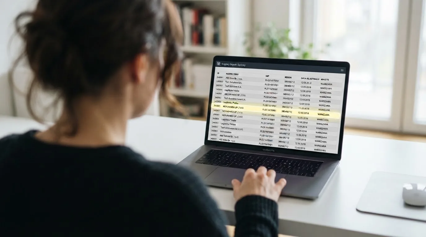 Ekran laptopa z otwartym rejestrem licencji regulatora z Curaçao, w którym jeden wiersz zaznaczono żółtym podświetleniem