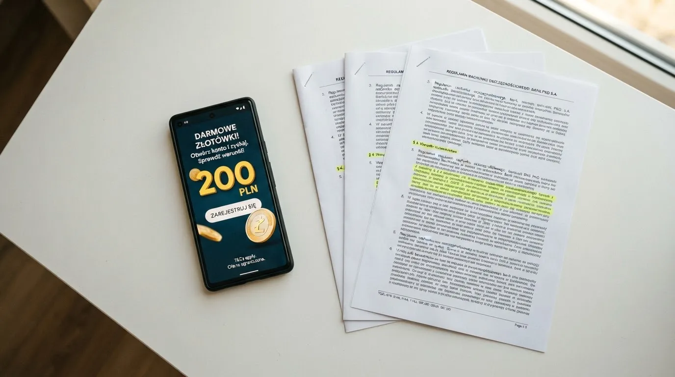 Telefon z banerem obiecującym darmowe złotówki za założenie konta, obok wydrukowany tekst ustawy o grach hazardowych z zaznaczonym artykułem