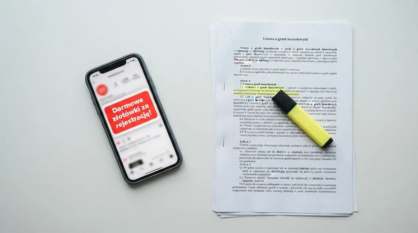 Telefon z wyskakującym banerem obiecującym darmowe złotówki za rejestrację, obok wydruk ustawy o grach hazardowych