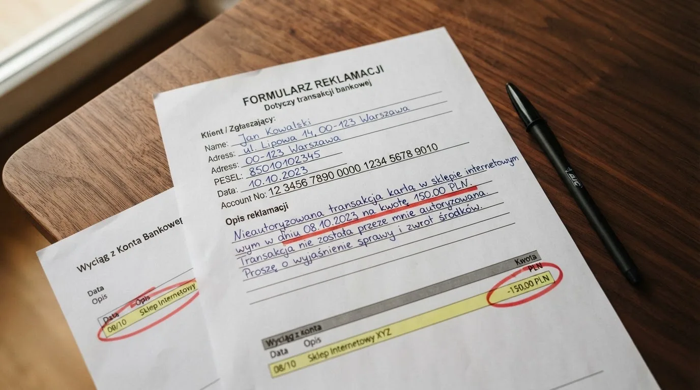 Wydrukowany formularz reklamacji leżący na biurku obok długopisu i wyciągu bankowego z zakreśloną pozycją