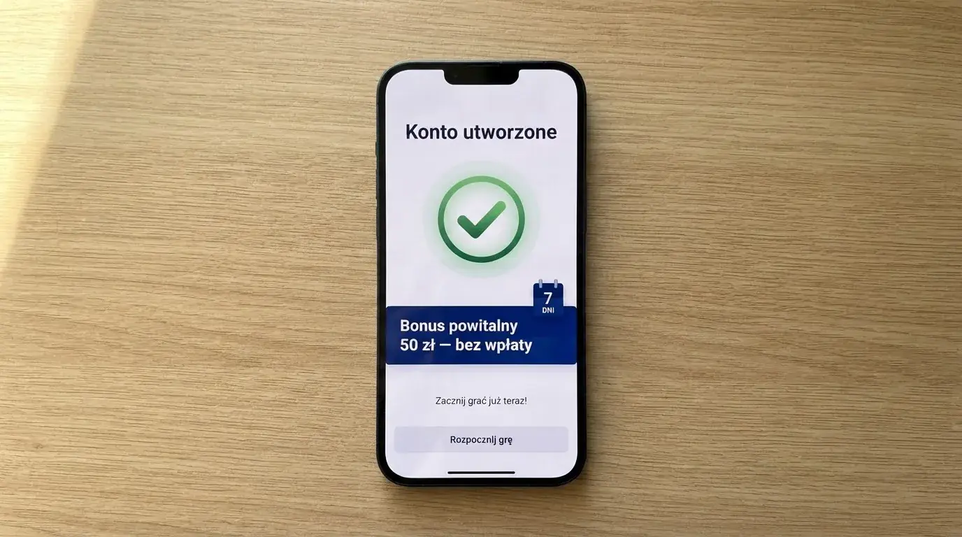 Ekran potwierdzenia założenia konta gracza w kasynie internetowym z komunikatem o bonusie startowym bez wpłaty